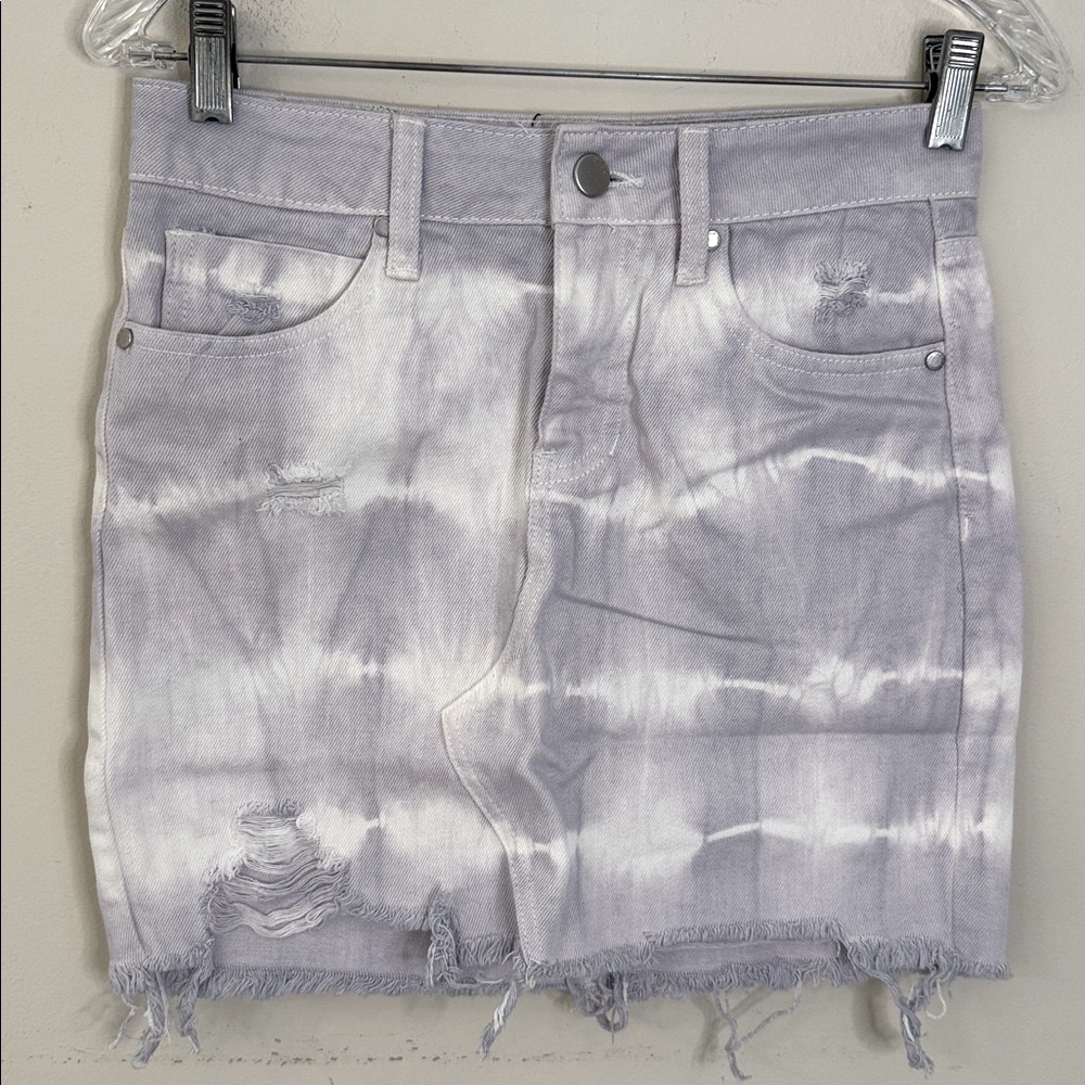 PTCL distressed tie dyed mini skirt light purple gray 100% cotton button zip 26”